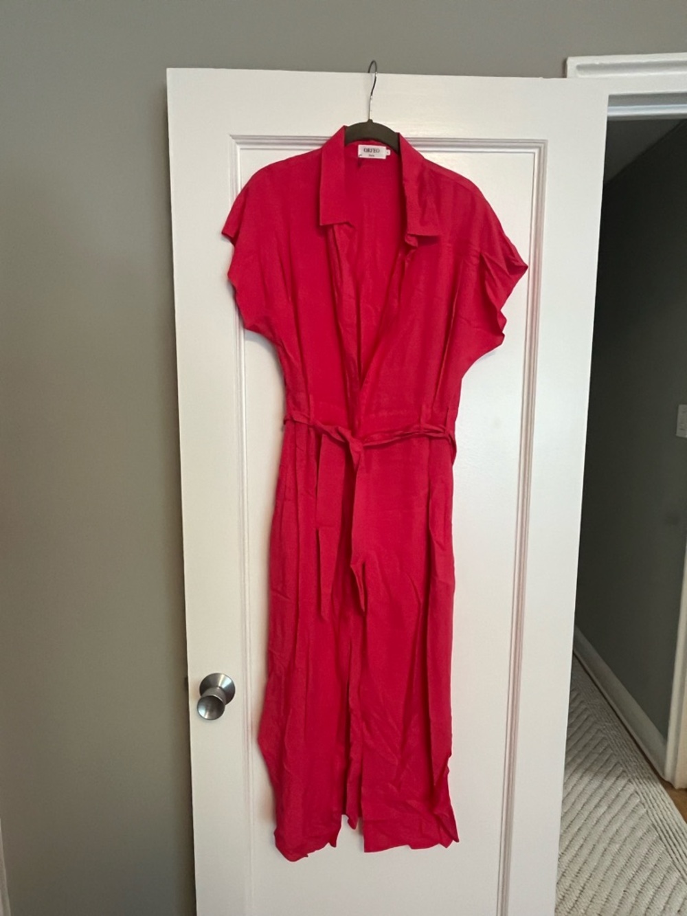 Red cotton, button down  with Waist Tie